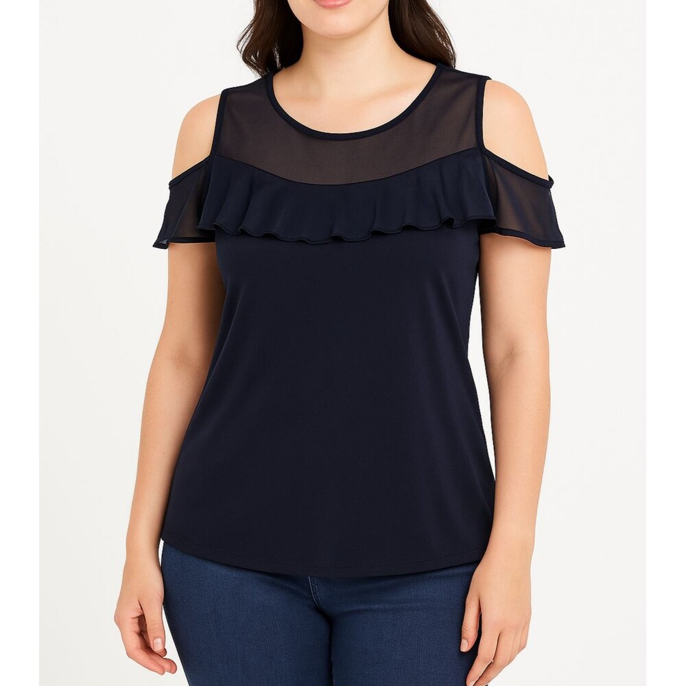 Adele & May Navy Blue‎ Cold Shoulder Mesh Ruffle Top Women’s Size Medium